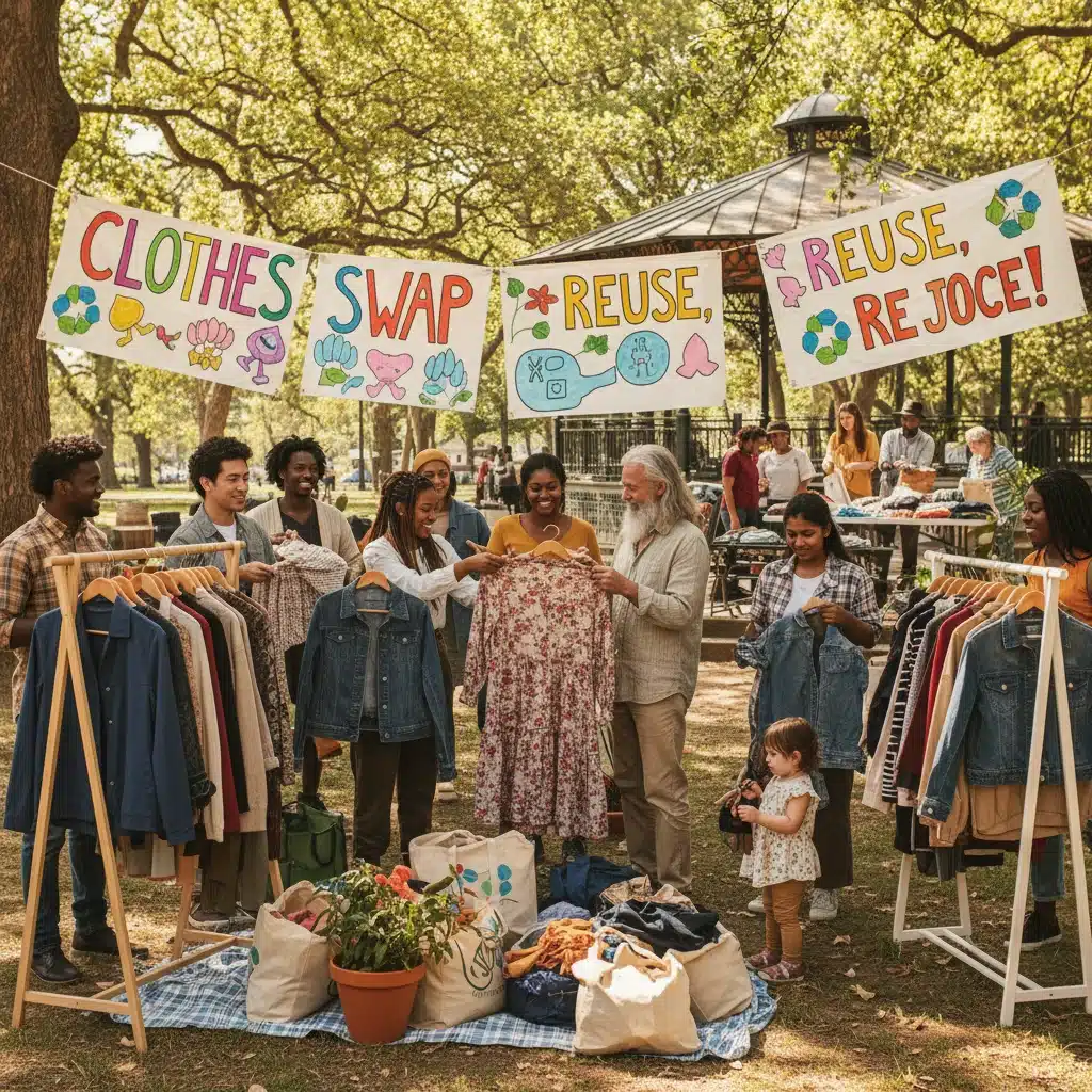 Community clothing swap event, promoting circular fashion and sustainable wardrobe practices.
