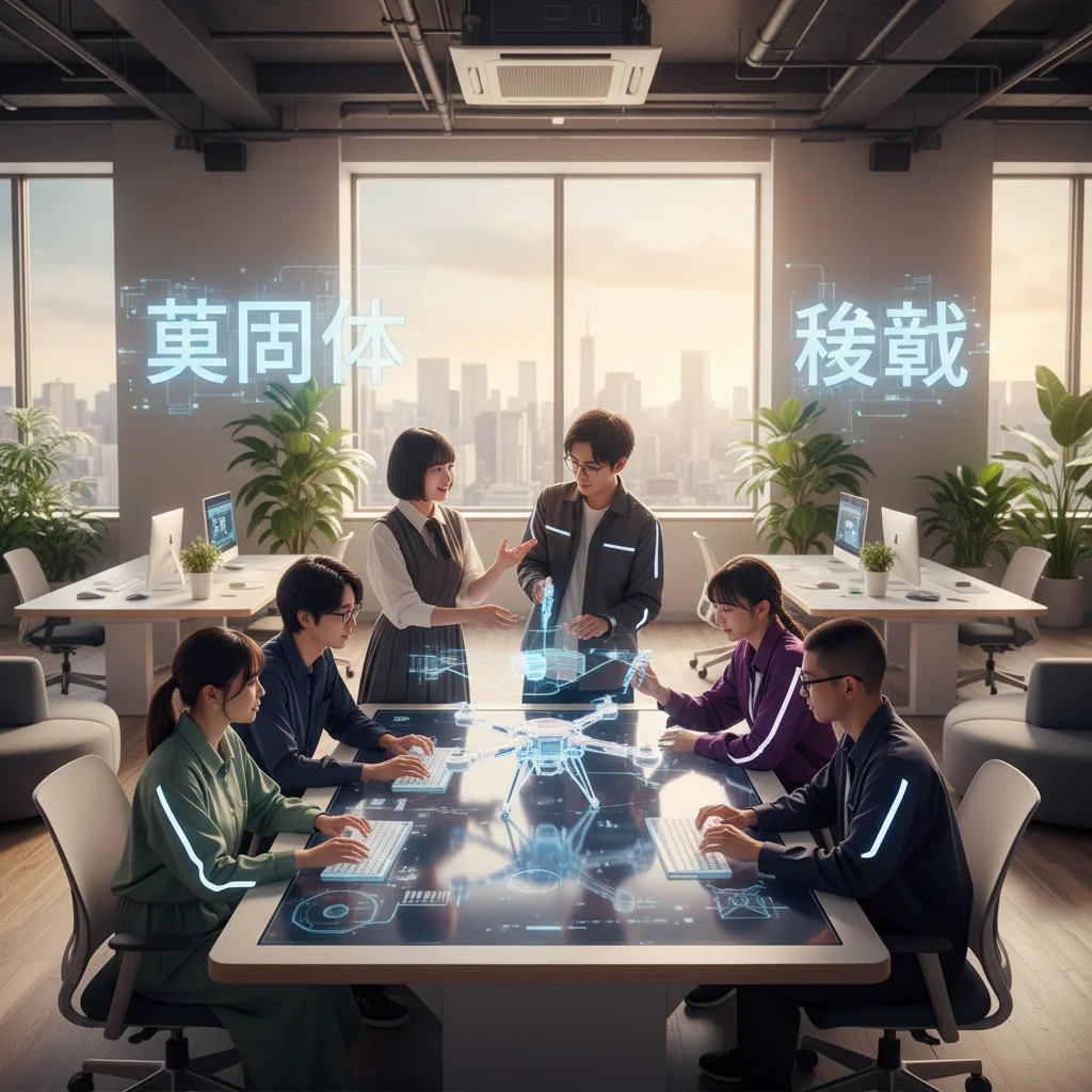 Diverse group of young Japanese adults collaborating in a modern workspace, symbolizing community and innovation themes in J-Drama.