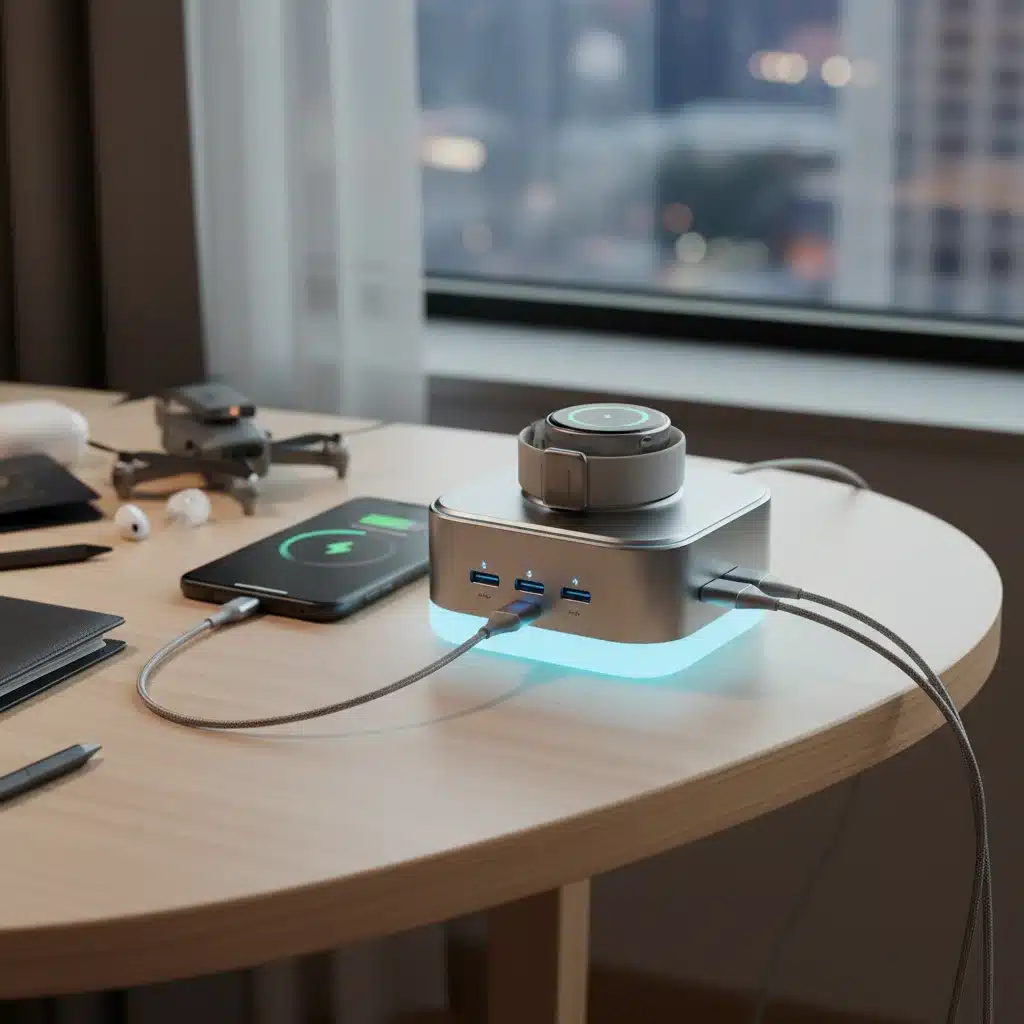 Compact multi-functional travel charger powering several devices simultaneously for efficient travel
