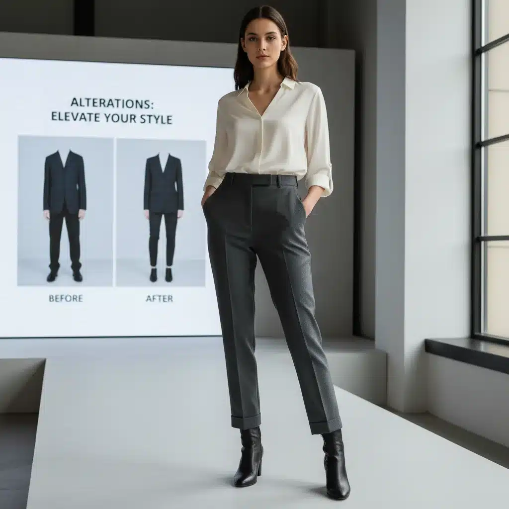 Woman confidently wearing perfectly hemmed trousers and a fitted blouse.