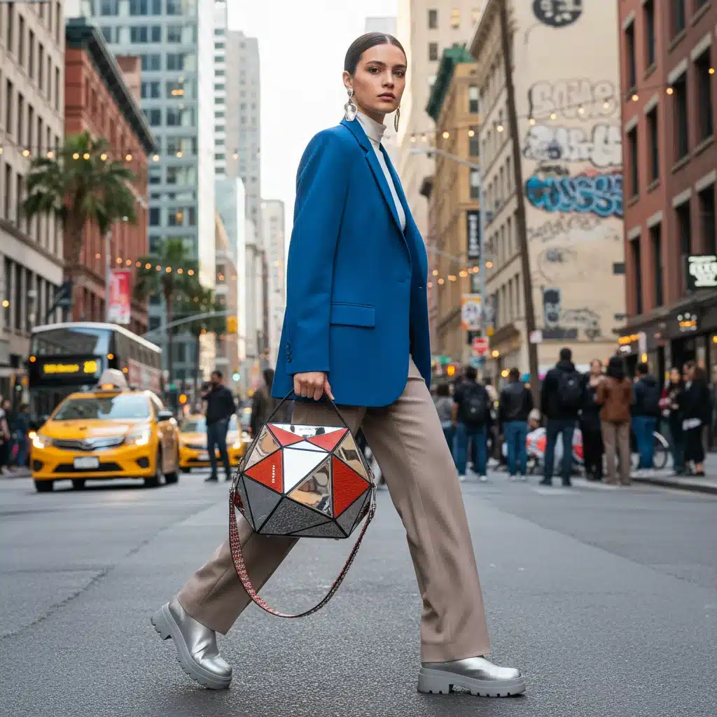 Model showcasing a trendy, contemporary handbag from an emerging designer in an urban setting, emphasizing its statement appeal.