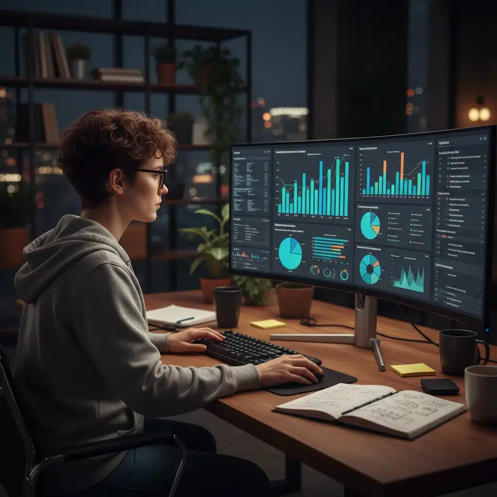 Analyzing content performance metrics on a computer dashboard for strategic adjustments.