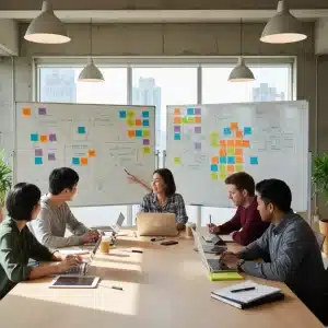 Team of content creators brainstorming advanced strategies for digital success, showcasing collaboration and innovation.