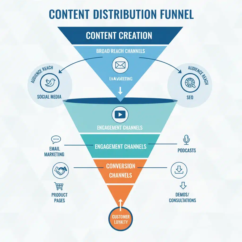 Infographic depicting a multi-channel content distribution strategy for broader audience reach.