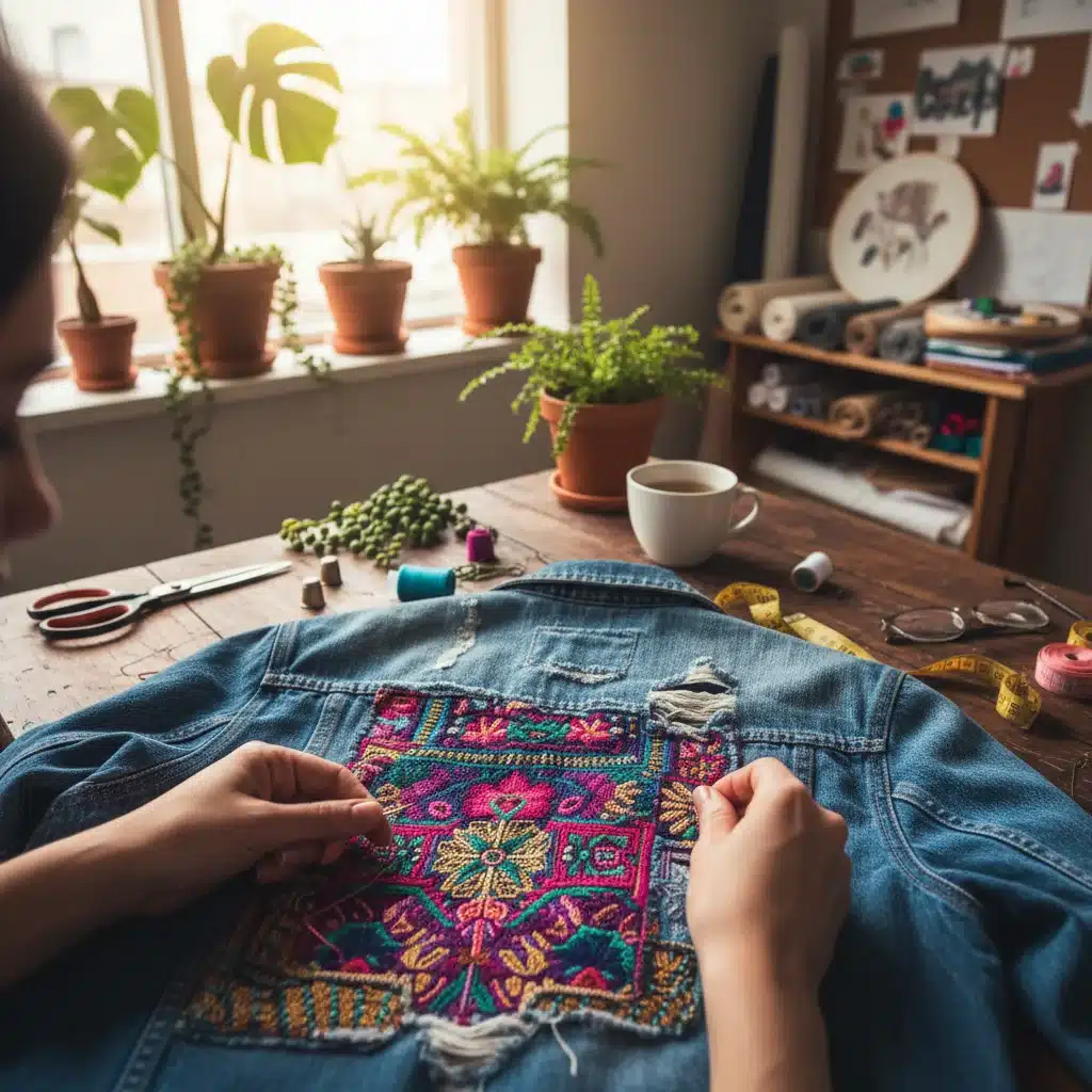 Person mending a denim jacket with colorful embroidery, promoting garment longevity