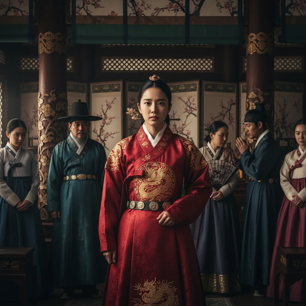 Intense court drama scene with traditionally dressed characters, pivotal plot moment