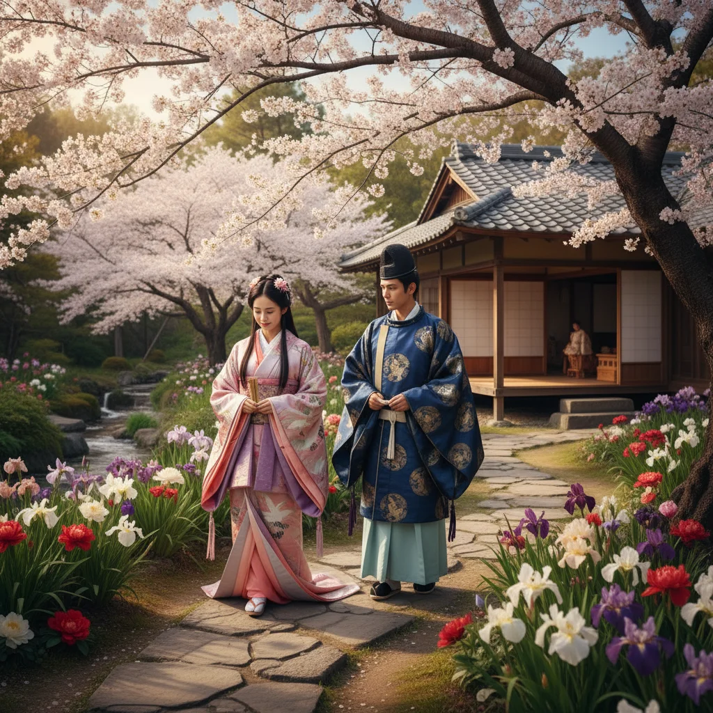 Romantic garden scene with characters in traditional attire, cherry blossoms blooming