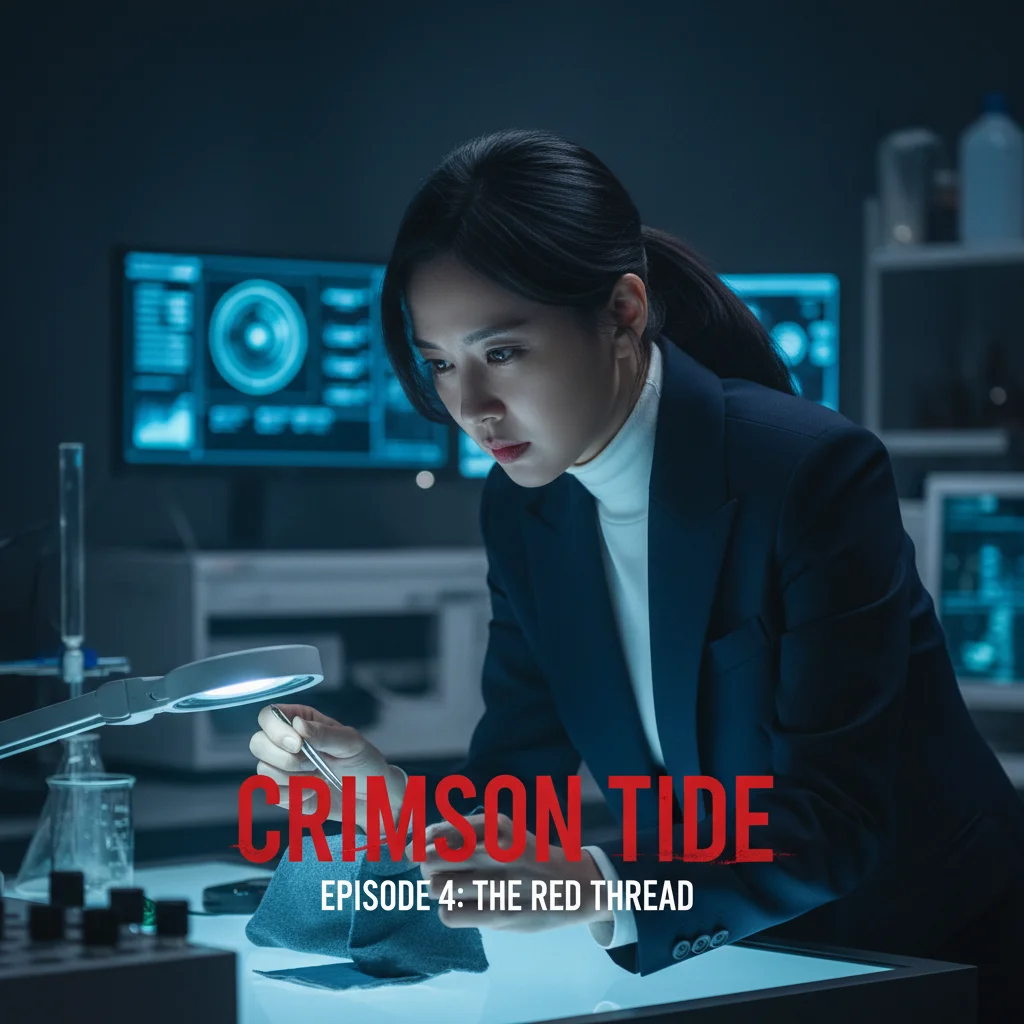 Intense detective in 'Crimson Tide' examining forensic evidence in a high-tech lab, highlighting the thrilling mystery genre of K-dramas.