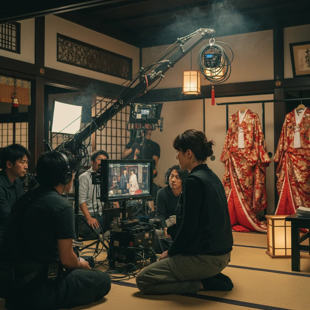 Director on set of Crimson Vows reviewing a scene in a traditional Japanese setting