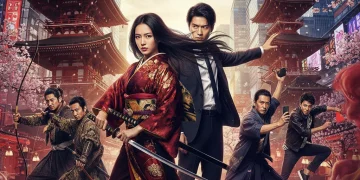 Promotional poster for the dorama Crimson Vows featuring lead actors and dramatic cityscape