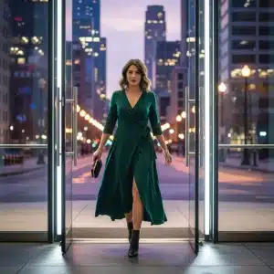 Woman transitioning from day to night outfit in urban setting