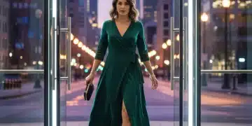 Woman transitioning from day to night outfit in urban setting