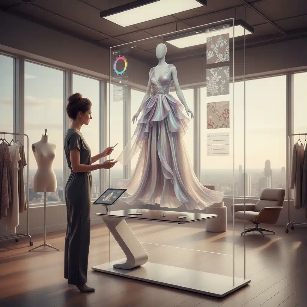 Designer interacting with 3D garment rendering in a digital studio