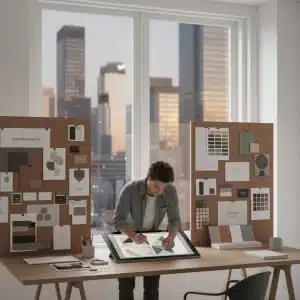 Designer sketching brand identity concepts in a modern studio