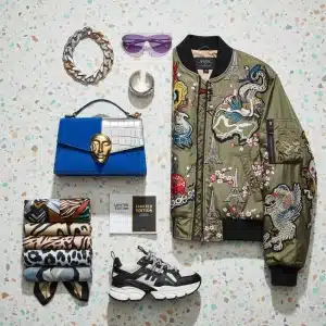 Stylishly arranged fashion items from exclusive designer collaborations