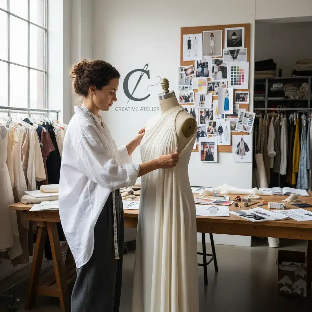 Fashion designer meticulously draping fabric on a mannequin in a creative studio environment.