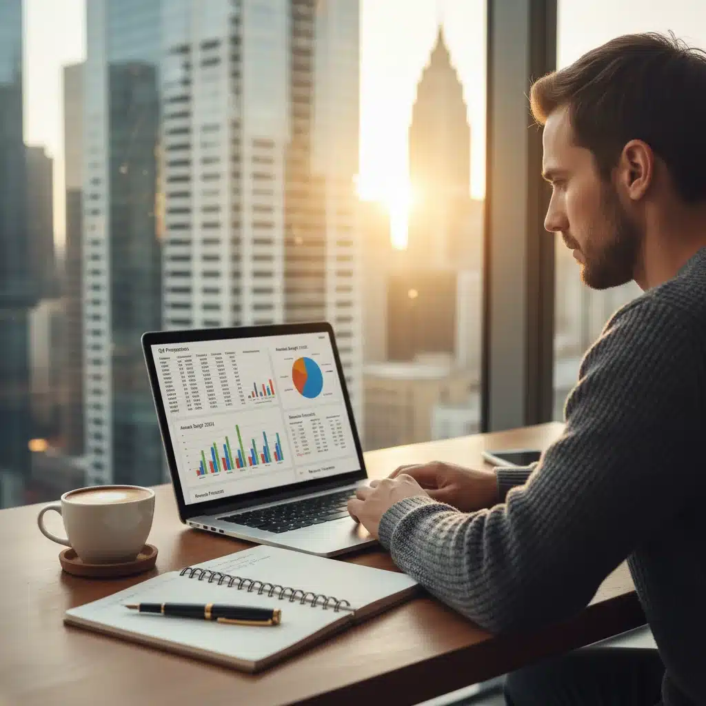 Designer analyzing financial projections and budget on a laptop, planning for future economic landscapes.