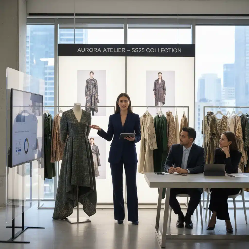 Emerging designer pitching collection to retail buyers.