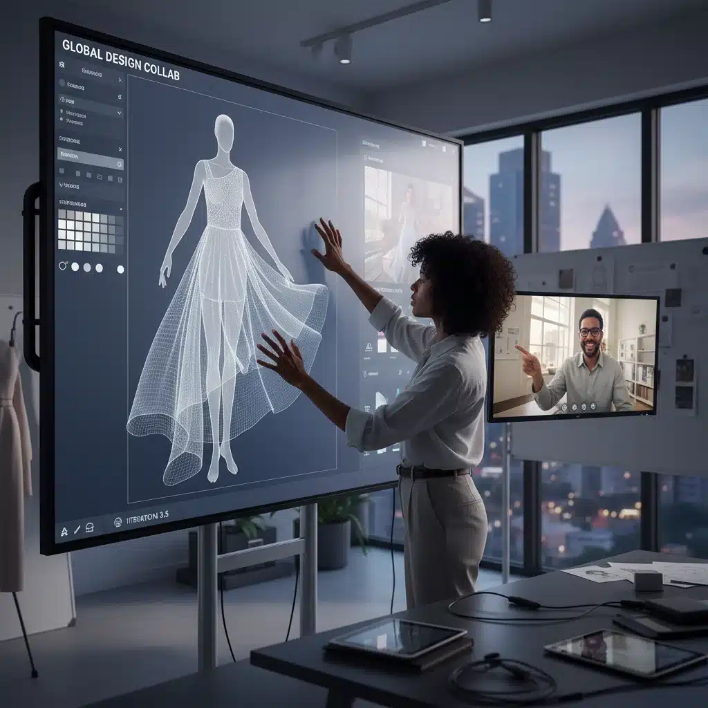 Fashion designer collaborating virtually on 3D garment design in a digital showroom