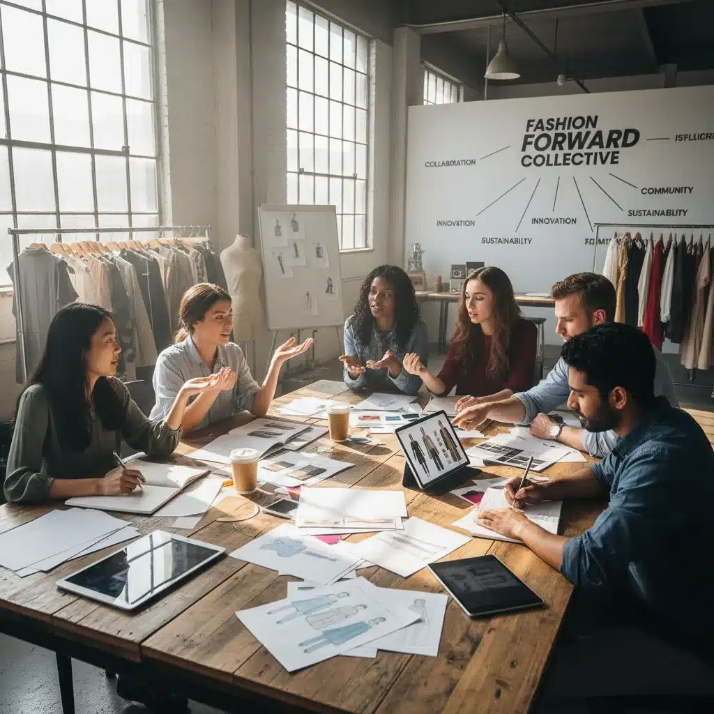 Emerging fashion designers networking and collaborating in a studio