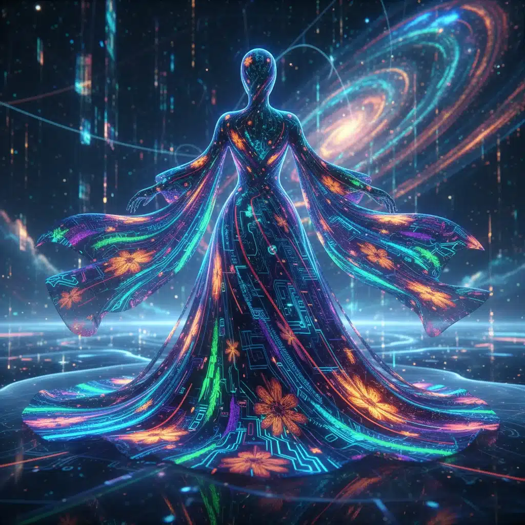 Futuristic digital fashion design with vibrant patterns and fluid forms