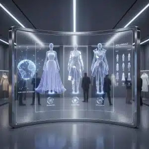 Modern digital showroom interface for fashion designers showcasing virtual collections