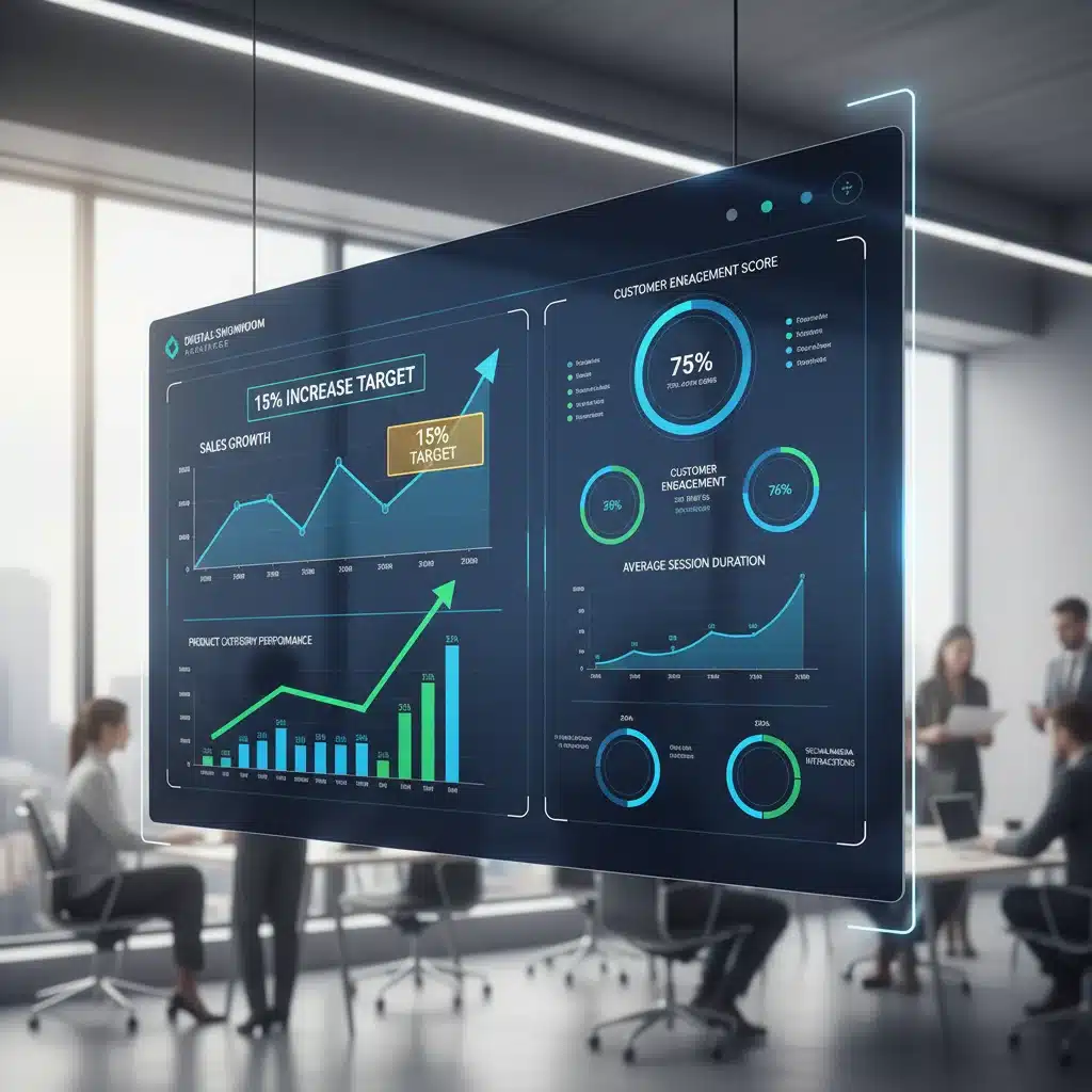 Digital showroom analytics dashboard showing sales growth and customer engagement