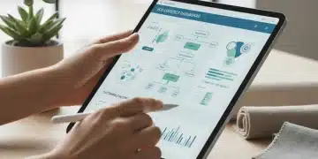 Digital supply chain management interface with sustainable materials and a plant, showcasing technological integration.