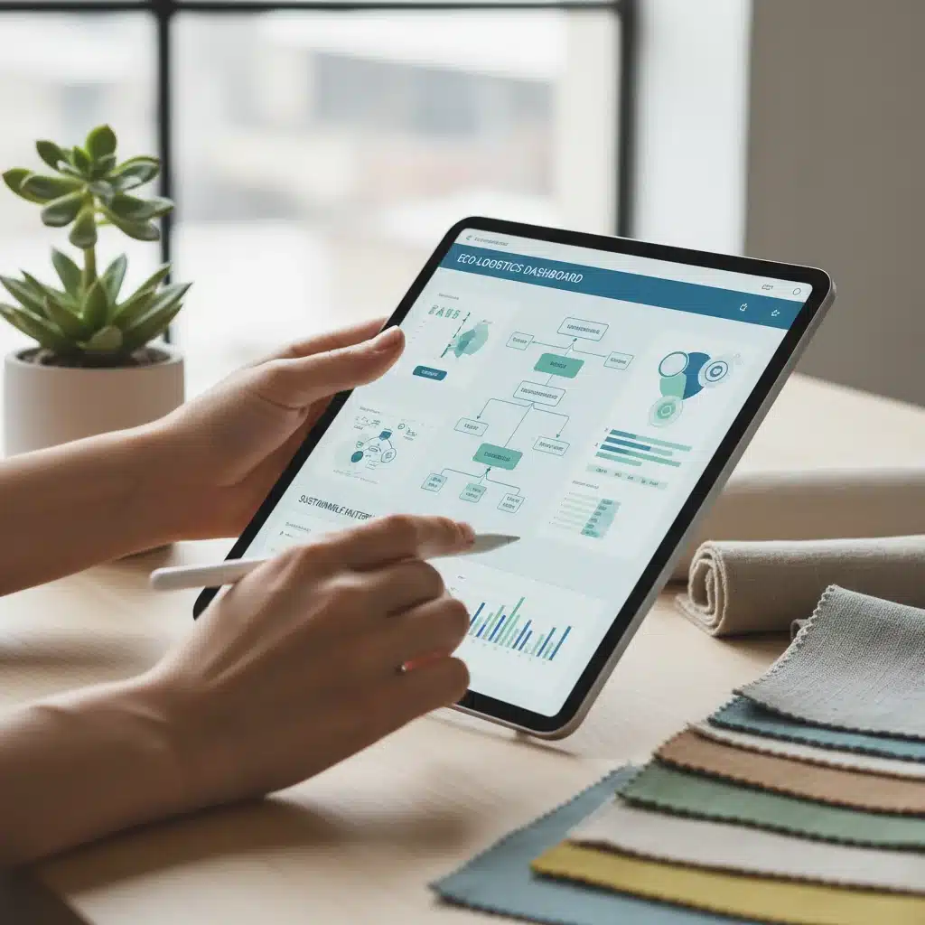 Digital supply chain management interface with sustainable materials and a plant, showcasing technological integration.
