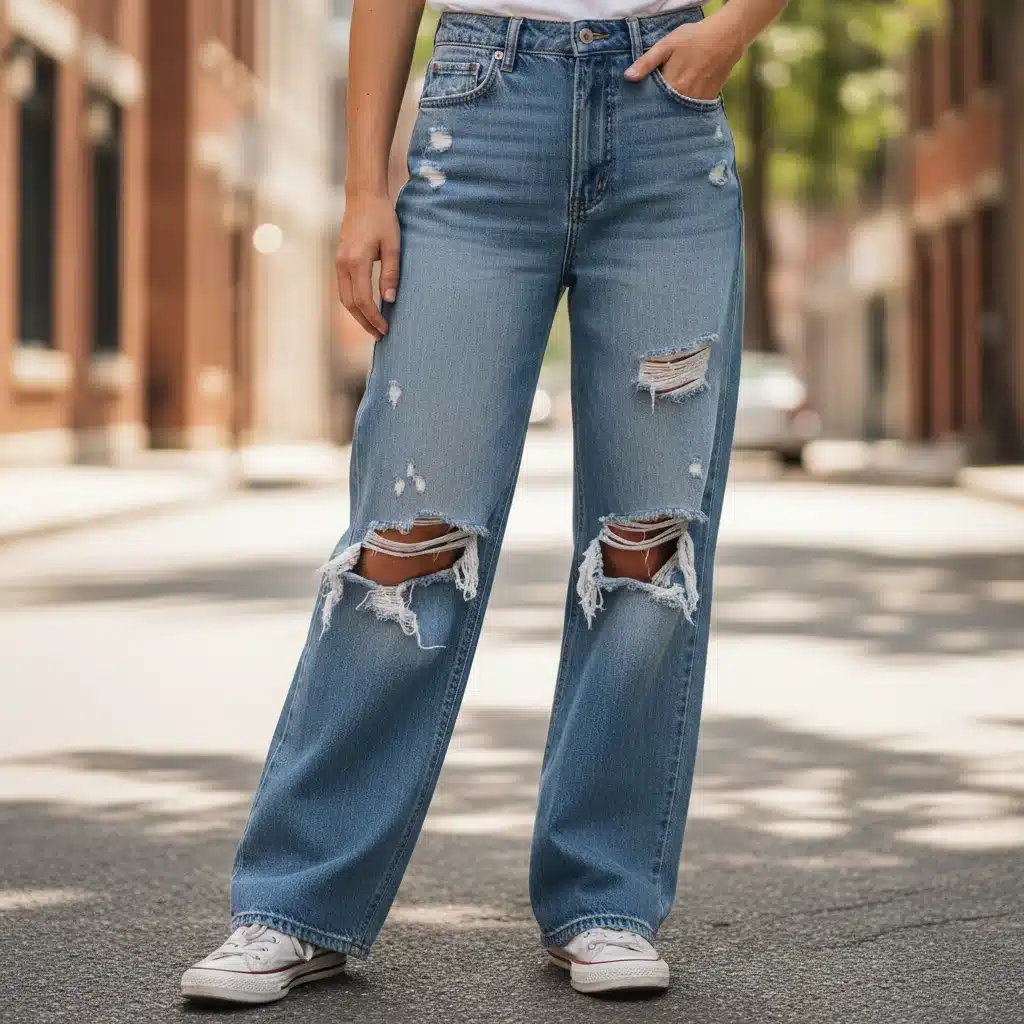 Close-up of distressed wide-leg denim jeans, showcasing texture and fit.
