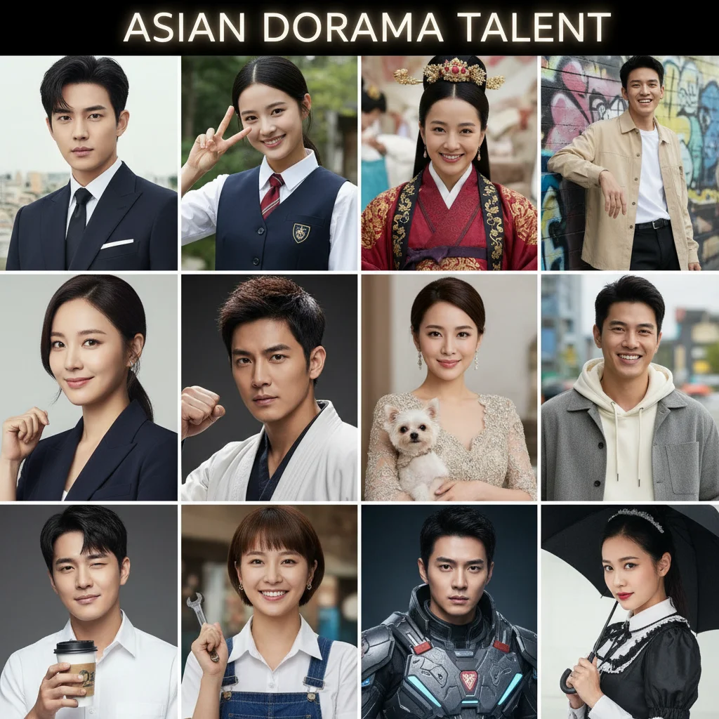 Diverse Asian actors and actresses smiling, representing dorama talent.
