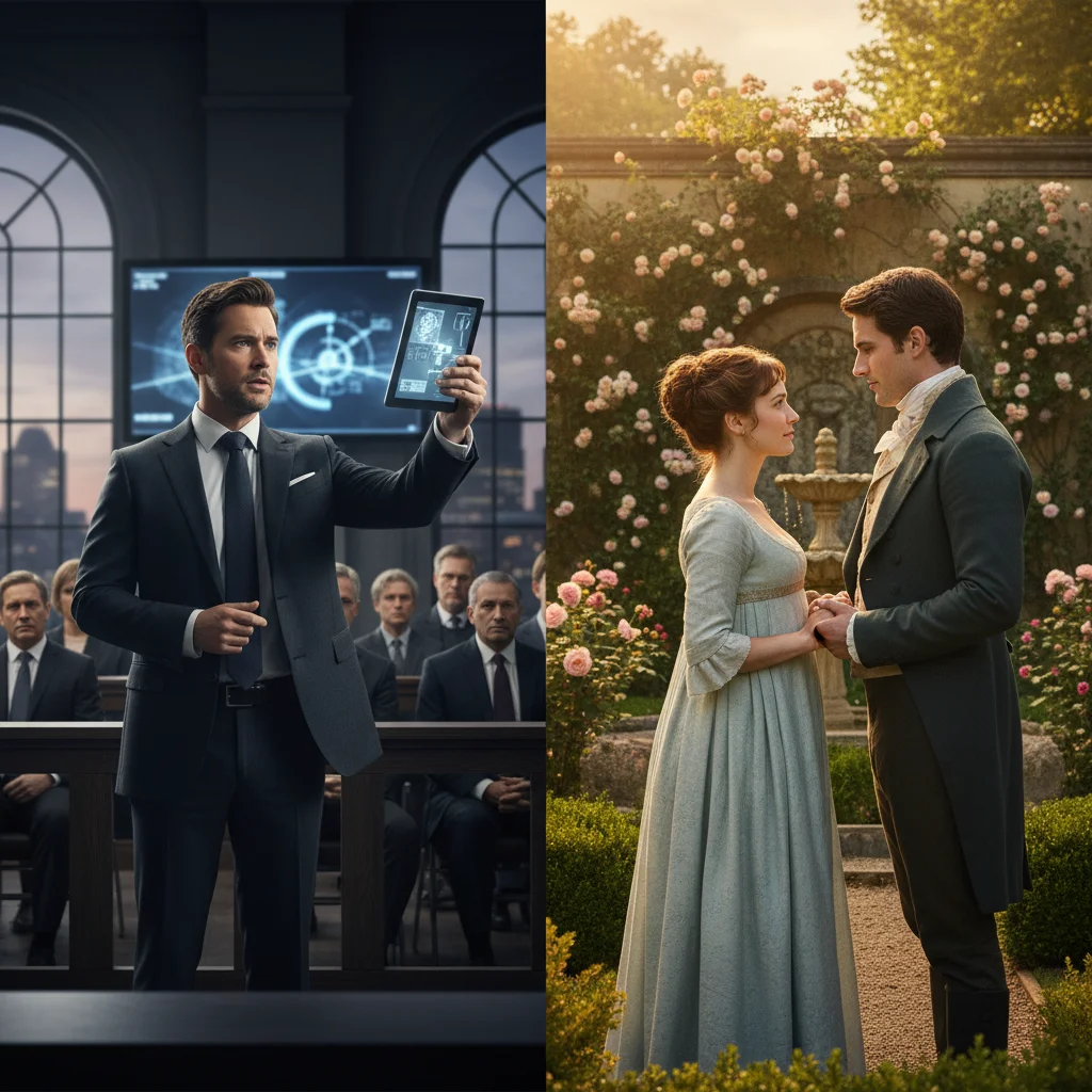 Split screen showing contrasting drama genres: courtroom and romantic period drama