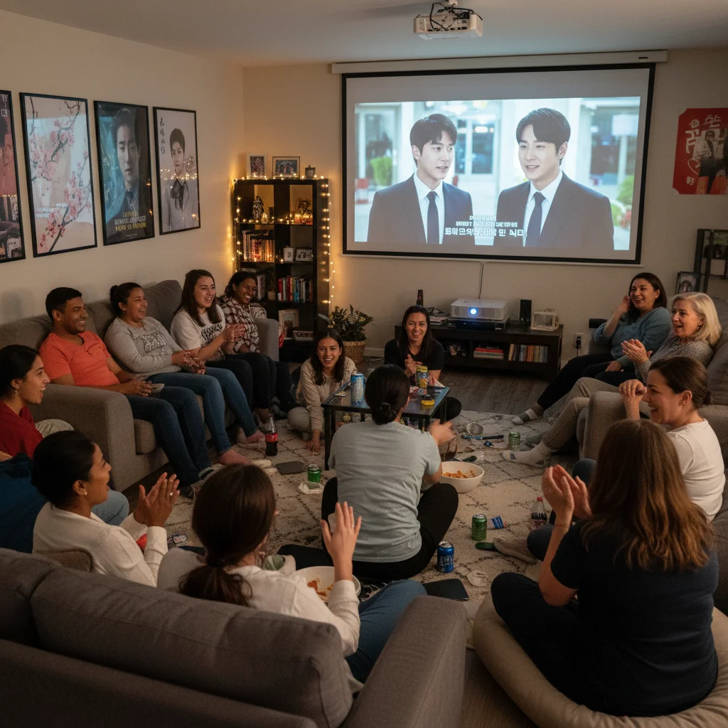 Diverse group of US dorama fans watching and enjoying an Asian drama together