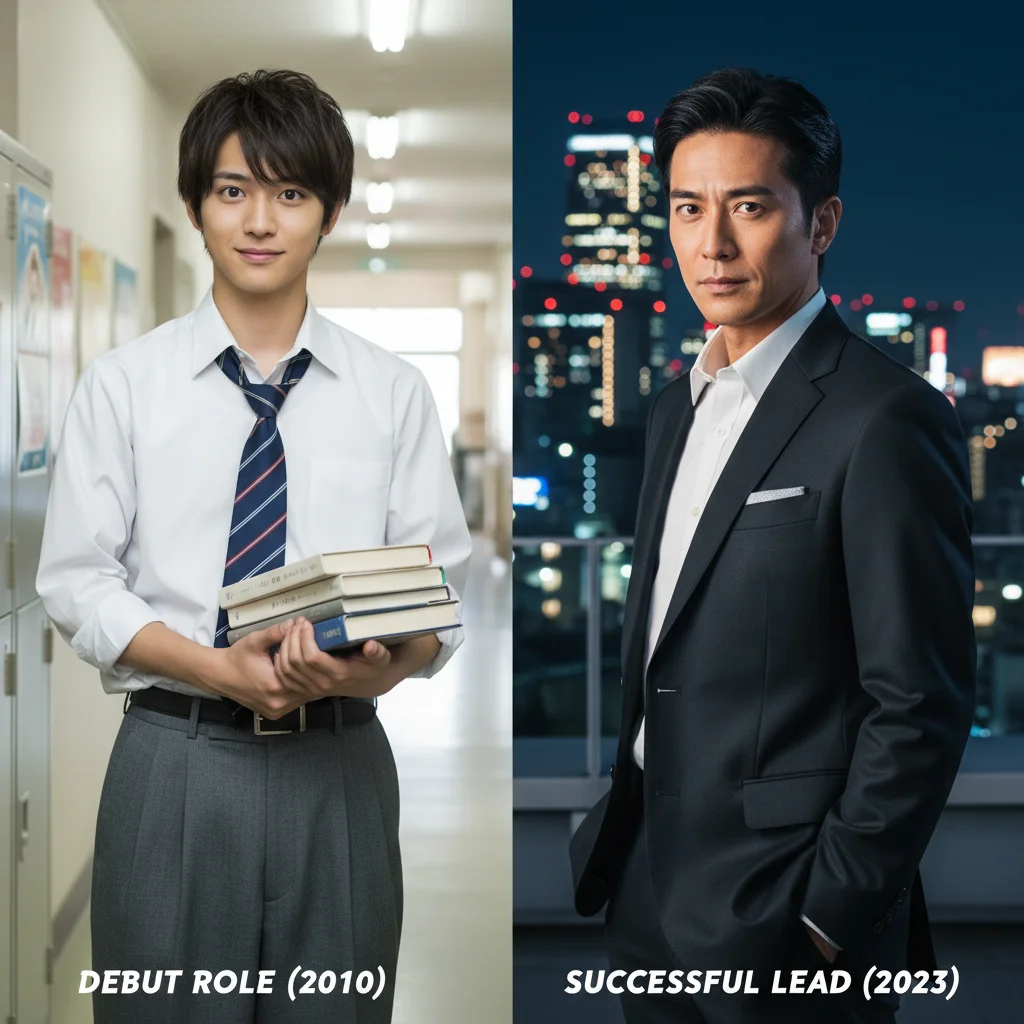 Evolution of a dorama actor from their debut role to their current successful career, showcasing growth.