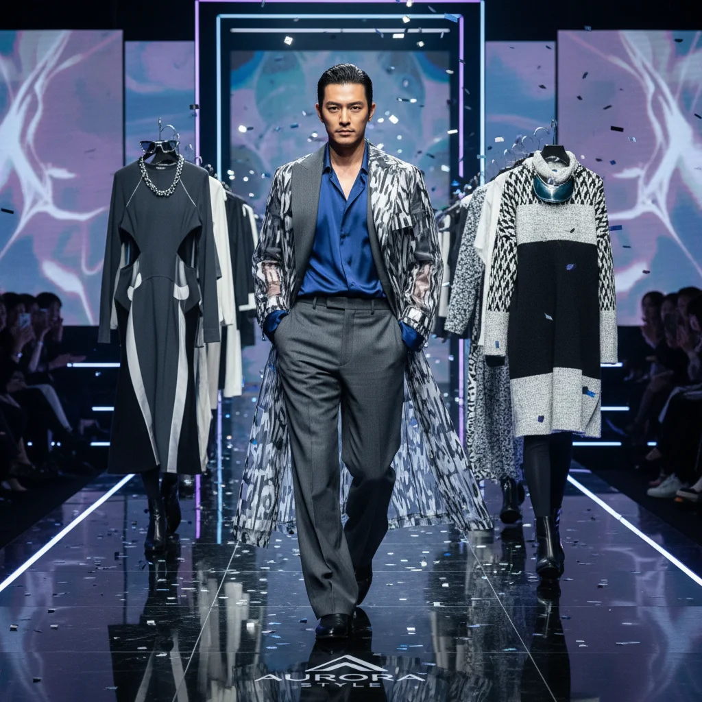 Dorama actor showcasing their new fashion line on a runway