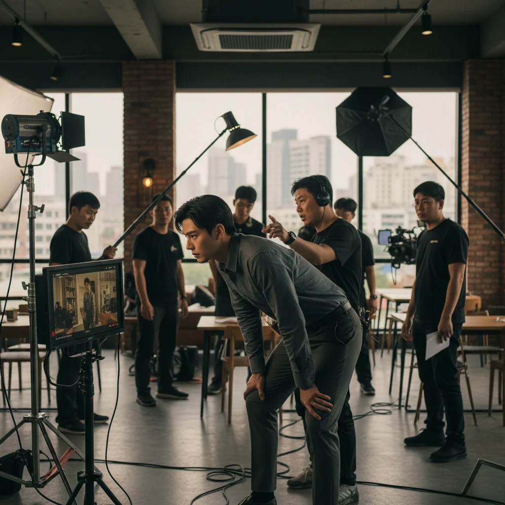 Emerging dorama actor reviewing a scene on set with director, showcasing dedication