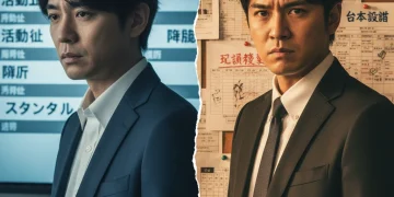 Two dorama actors facing career uncertainty due to recent controversies, with blurred news headlines and project changes in the background.