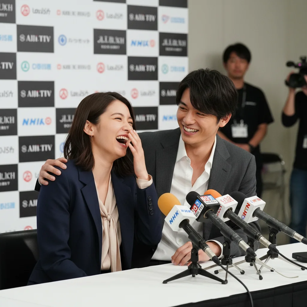 Dorama actors laughing together at a press event, showing chemistry.