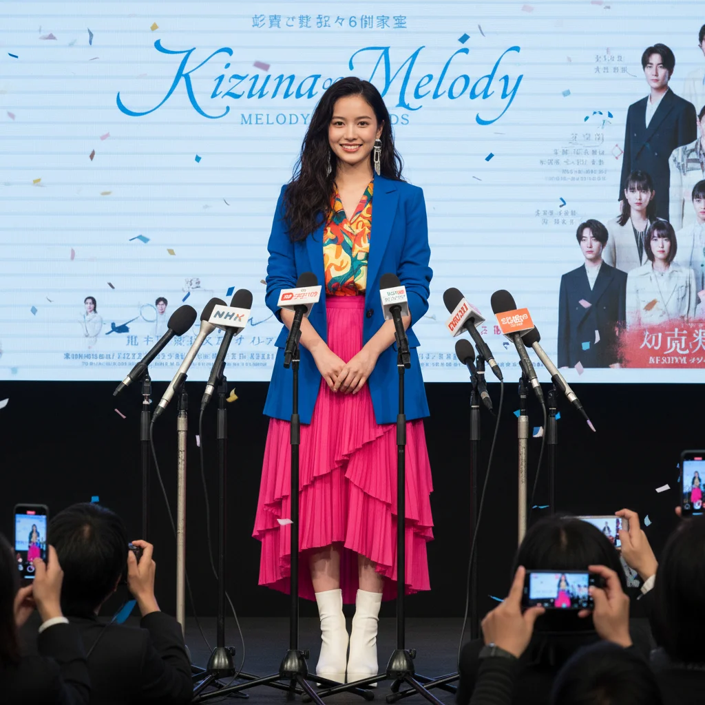 Young Japanese actress smiling confidently at a dorama press conference, dressed in stylish modern attire.
