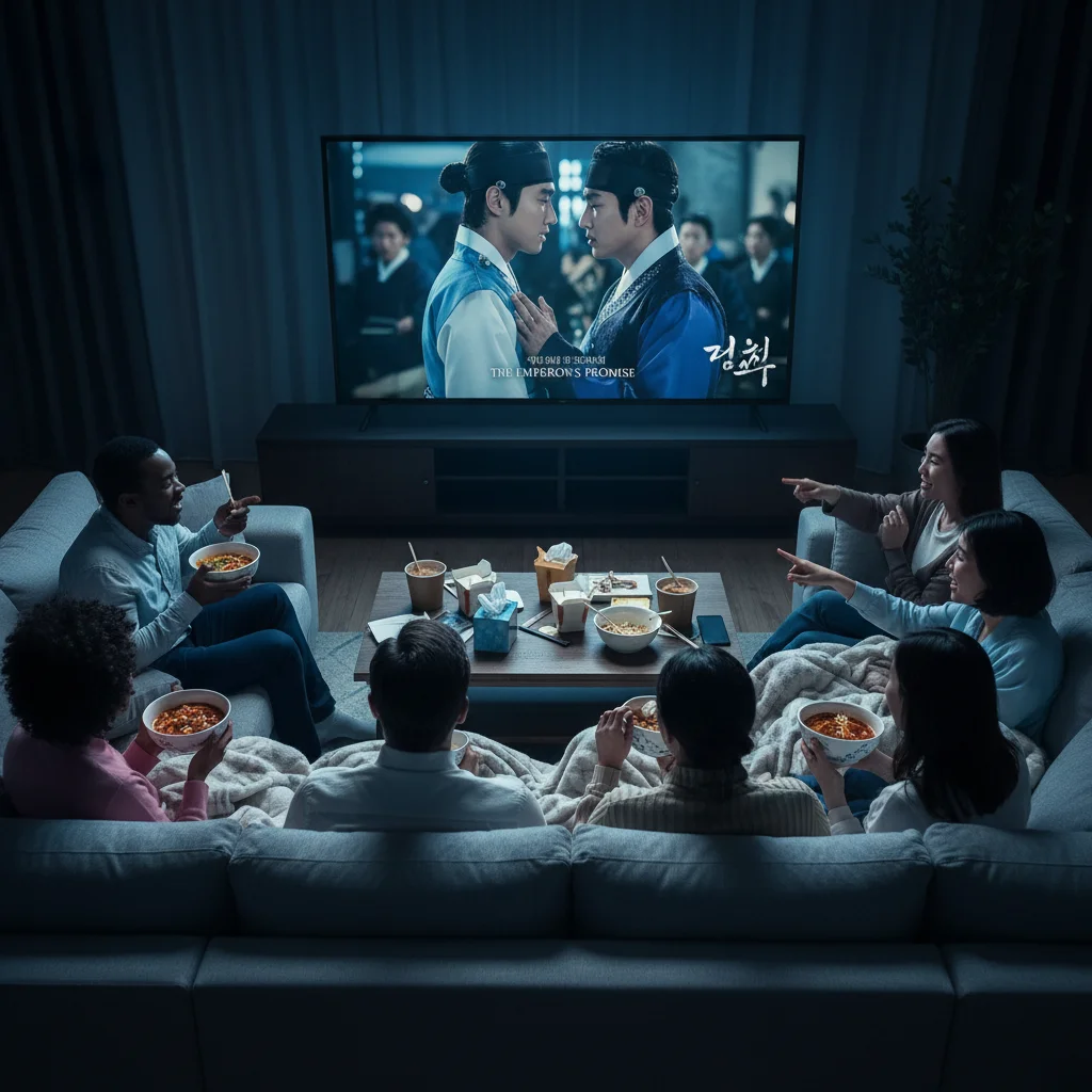 Diverse audience watching popular Asian drama together.