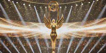 Golden trophy on a grand awards stage, sparkling lights, anticipation for Dorama Awards.