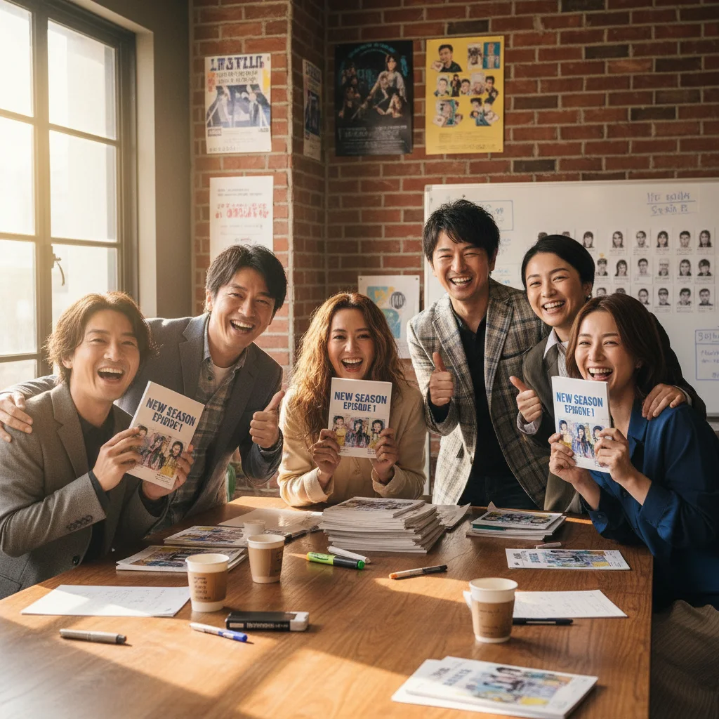 Cast members from a renewed dorama, smiling during a script reading session.