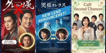 Dramatic dorama posters with casting change alerts, set against a modern cityscape.