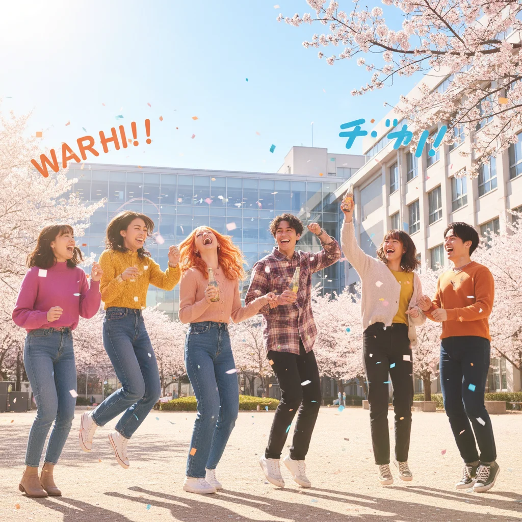 Joyful dorama scene featuring young characters celebrating and laughing in a group.