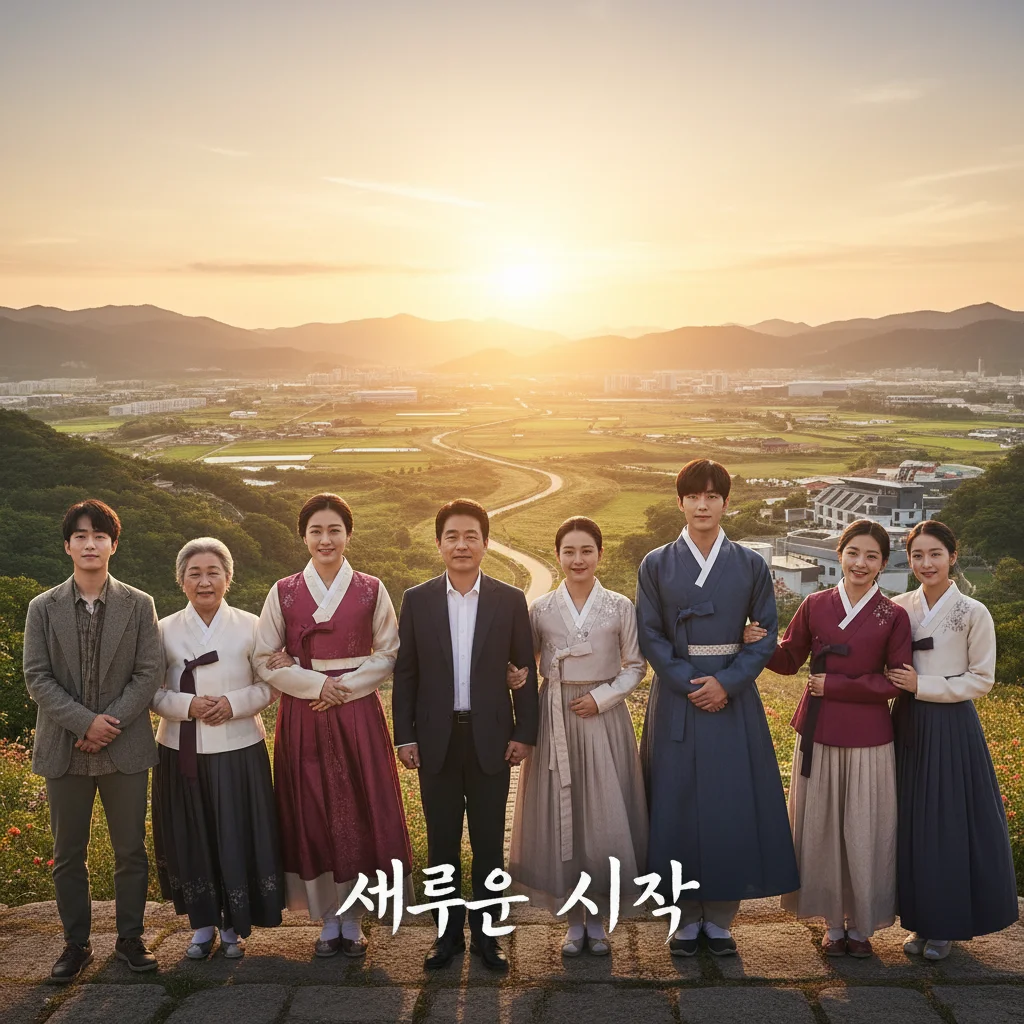 Dorama characters looking towards a bright future, symbolizing hope and resolution.