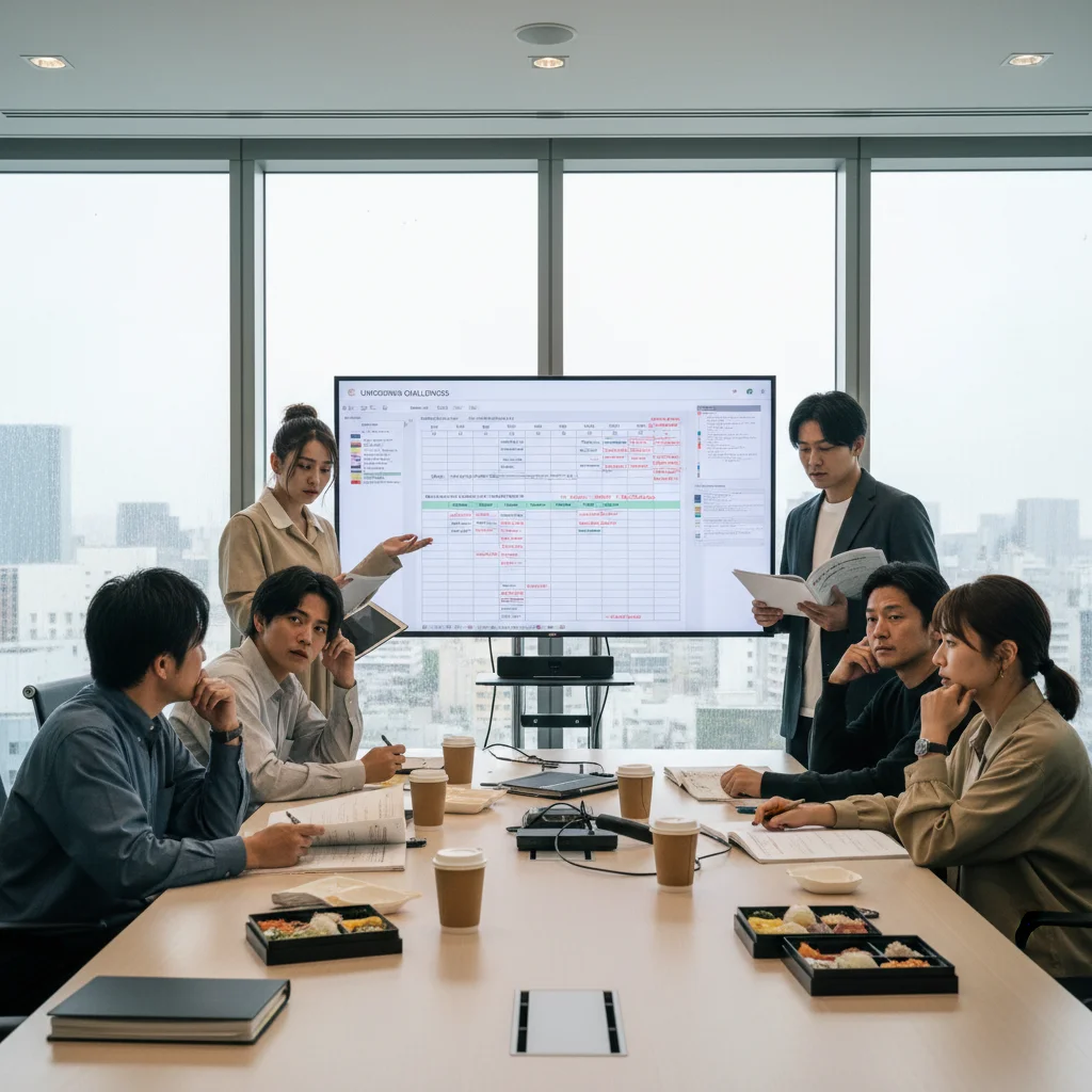 Dorama cast and crew discussing production schedule changes in a meeting room