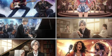 Four dorama idols balancing music and acting careers, dynamic stage and film set montage