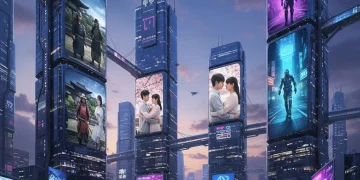 Futuristic cityscape with dorama scenes on digital screens, representing innovation in Asian drama production.