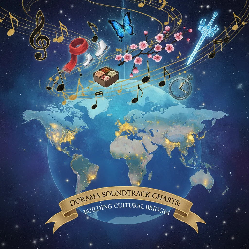 Musical notes merging with dorama symbols over a glowing US map, illustrating cultural impact of soundtracks.