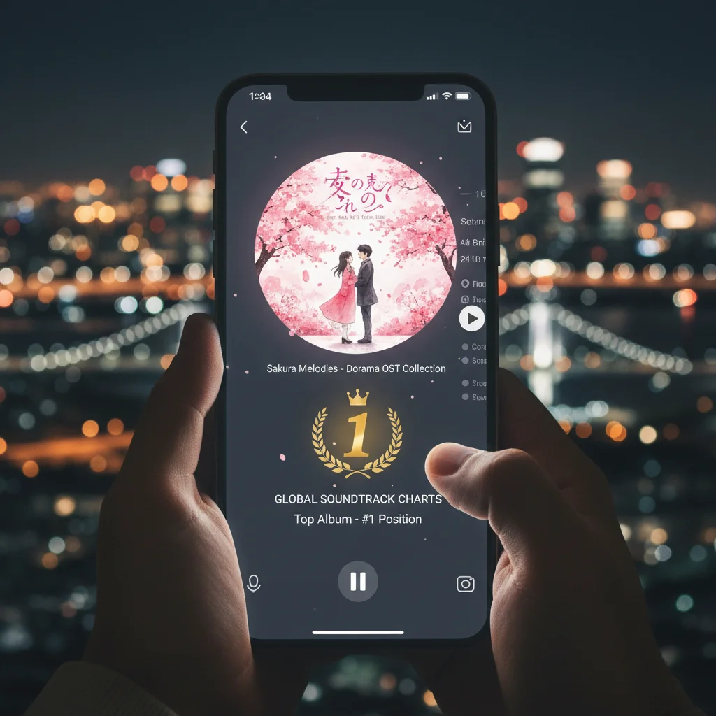 Smartphone displaying a dorama OST high on a US streaming chart, symbolizing digital music success.